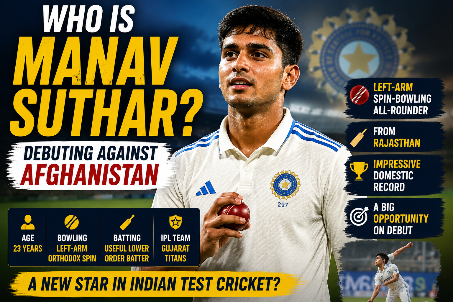 Who Is Manav Suthar? Meet India’s New Test Debutant Against Afghanistan